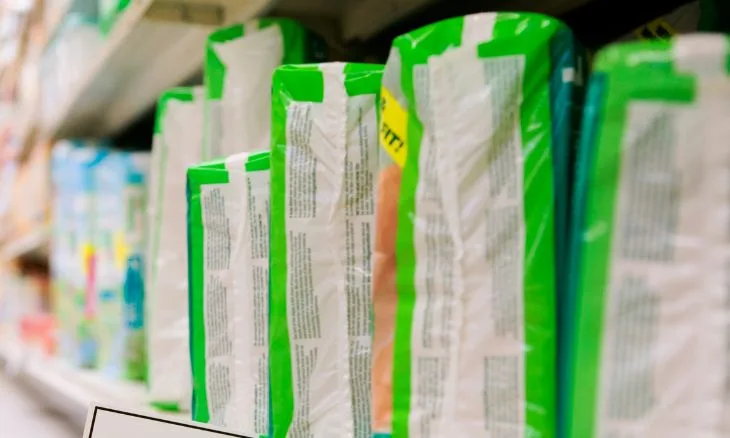 Pacote de fraldas na prateleira do supermercado ou farmácia