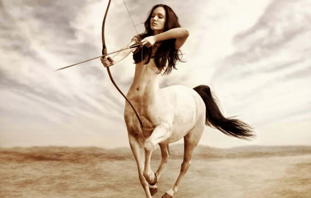 ser místico de Sagitário. Mulher com corpo de cavalo puxando um arco
